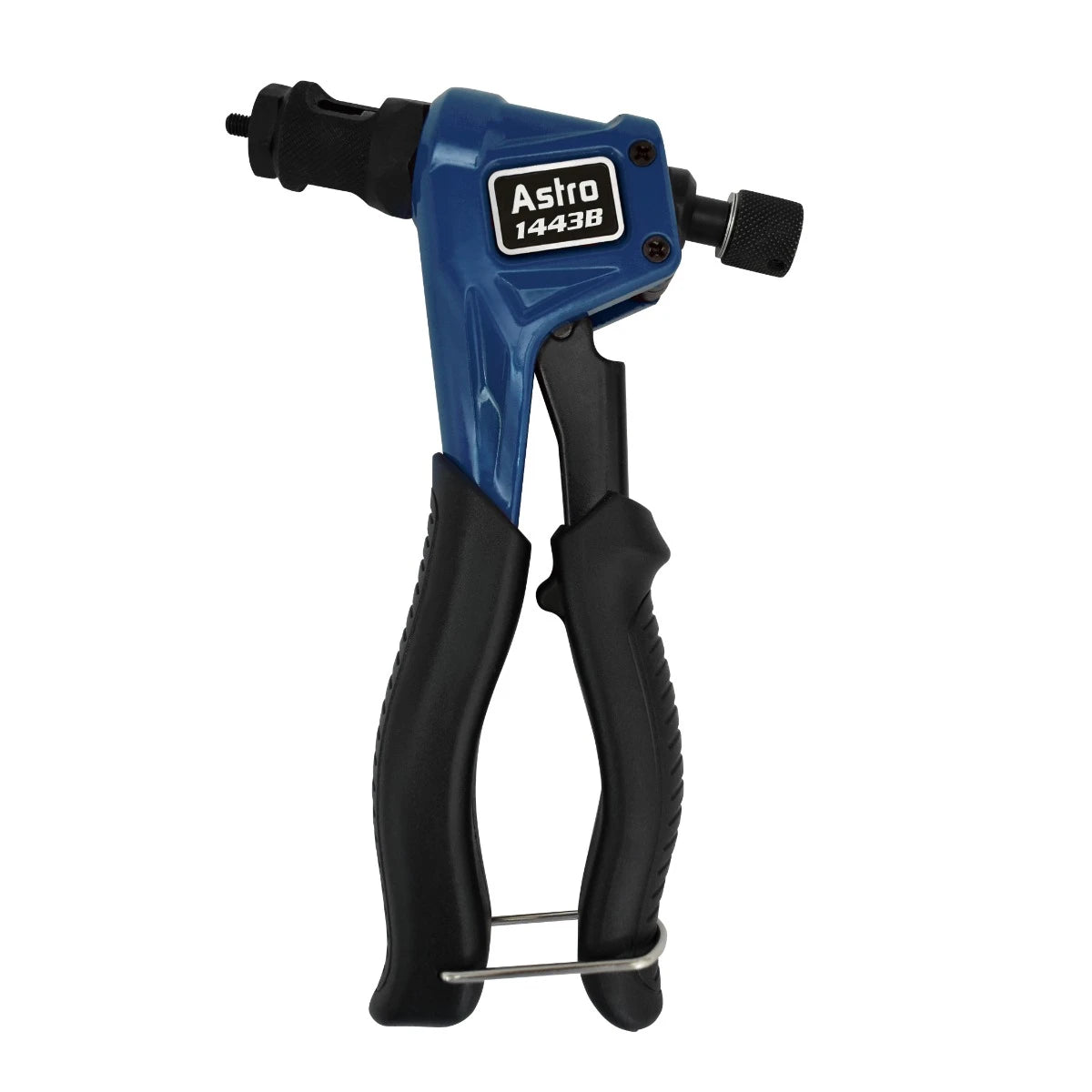 Astro Pneumatic 1443B Professional Hand Rivet Nut Setter, blue and black pistol-style, front view