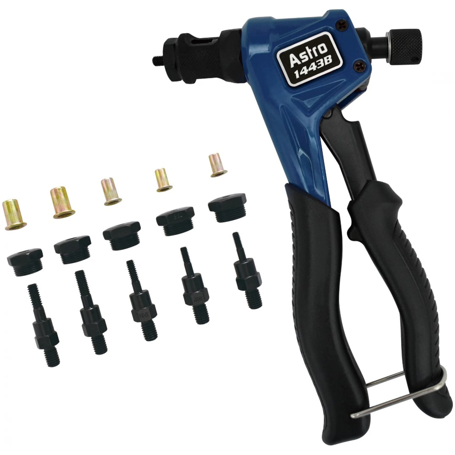 Astro Pneumatic 1443B Hand Rivet Nut Kit with full accessory set, angled view