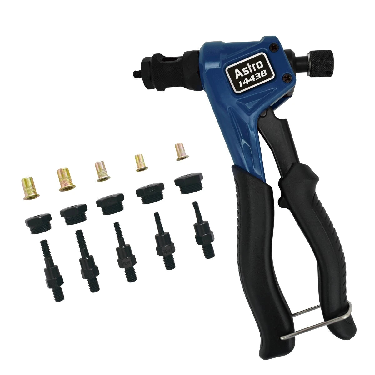 Astro Pneumatic 1443B Hand Rivet Nut Kit with mandrels, nosepieces, and rivet nut assortment laid out
