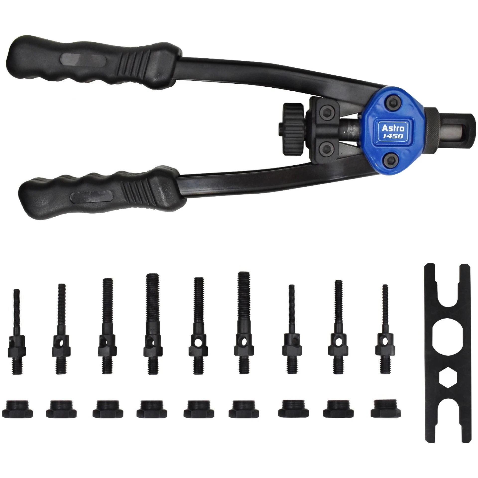 Astro Pneumatic 1450 rivet nut setter tool with 9 SAE and Metric mandrel sizes laid out