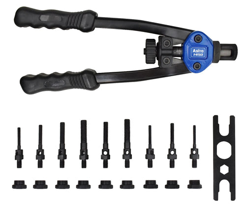 Astro Pneumatic 1450 rivet nut setter tool shown with all 9 mandrel and nose piece accessories