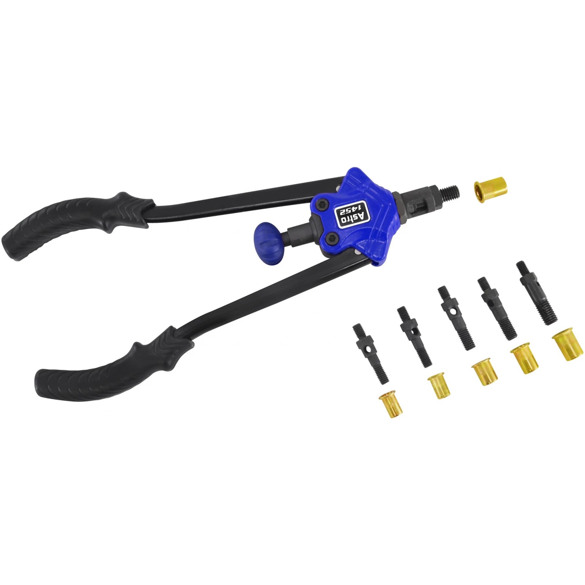 Astro Pneumatic 1452 XL Nut Thread Setting Hand Riveter Kit with mandrels and rivet nuts laid out