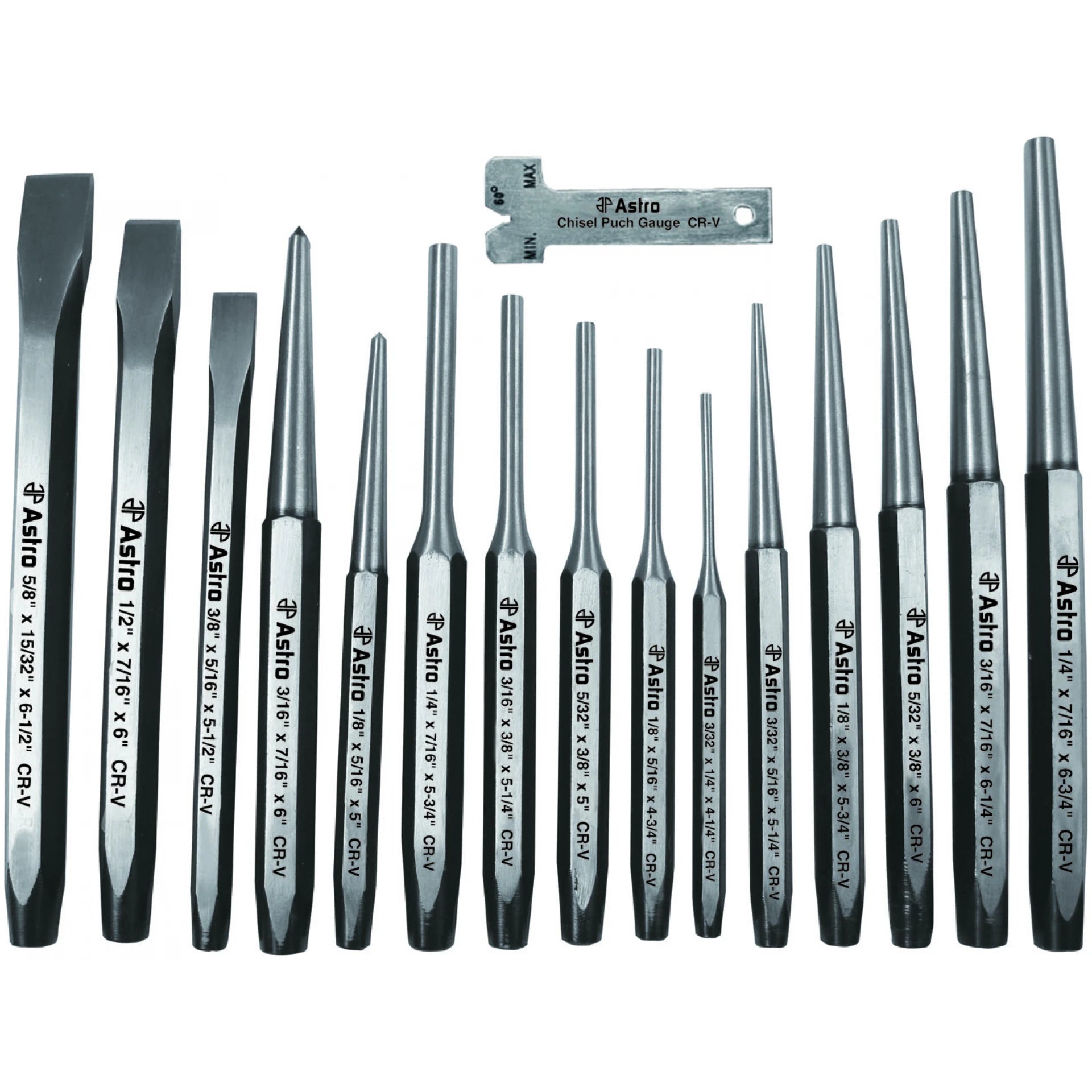 Astro Pneumatic AST-1600 16pc Punch and Chisel Set full layout showing all CR-V steel punches, cold chisels, and chisel gauge