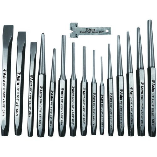 Astro Pneumatic AST-1600 16pc Punch and Chisel Set full layout showing all CR-V steel punches, cold chisels, and chisel gauge