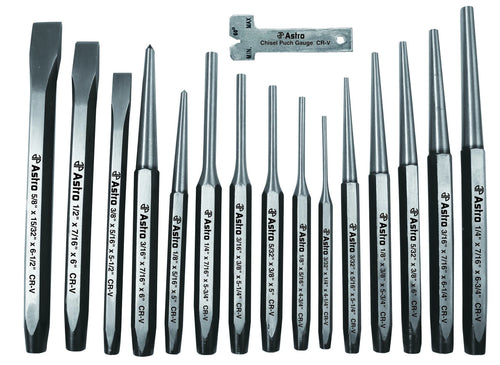 Astro Pneumatic AST-1600 16pc Punch and Chisel Set complete set with taper punches, pin punches, cold chisels, center punches, and gauge