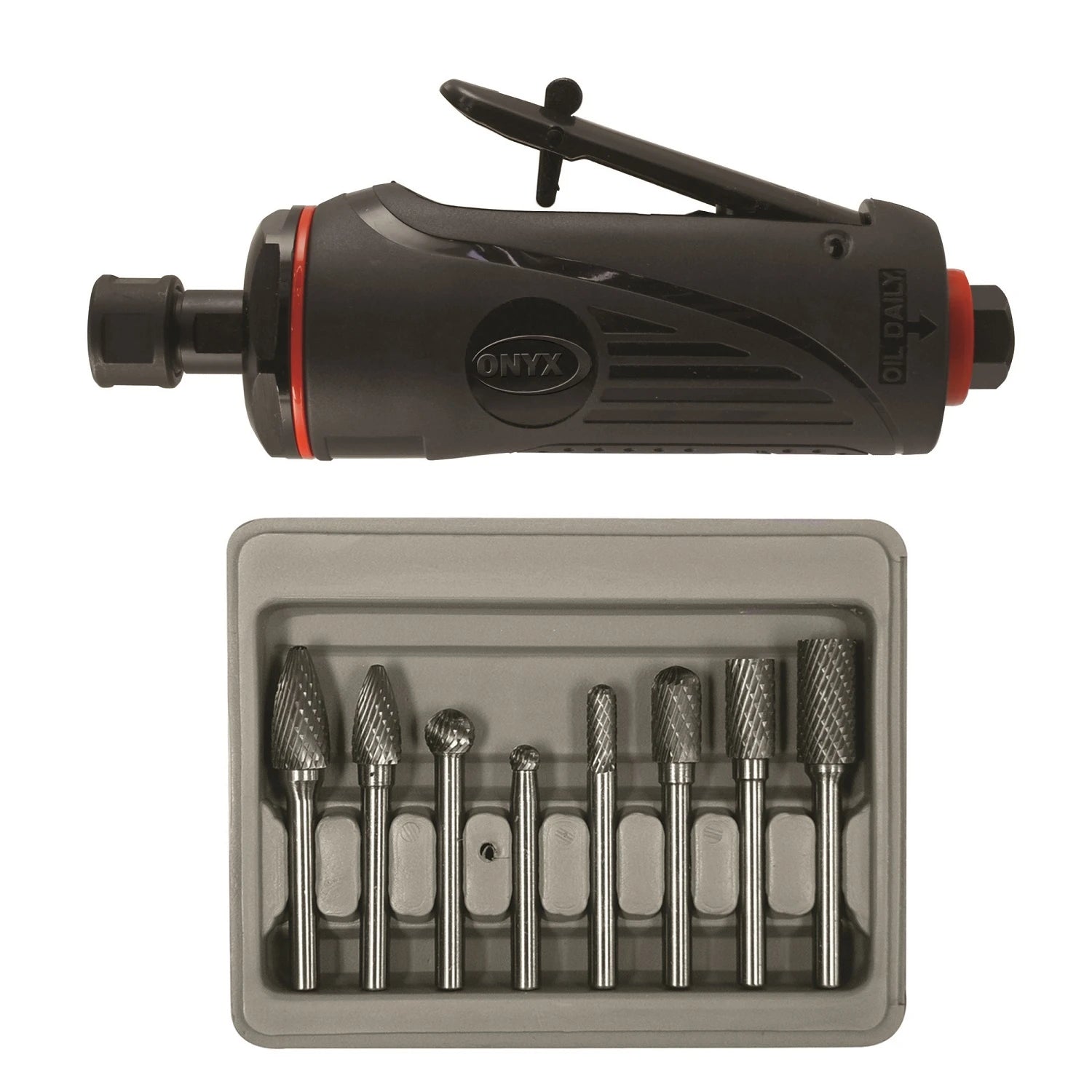 Astro Pneumatic AST-2181B ONYX Die Grinder and 8pc Carbide Rotary Burr Set displayed in blow-molded case tray
