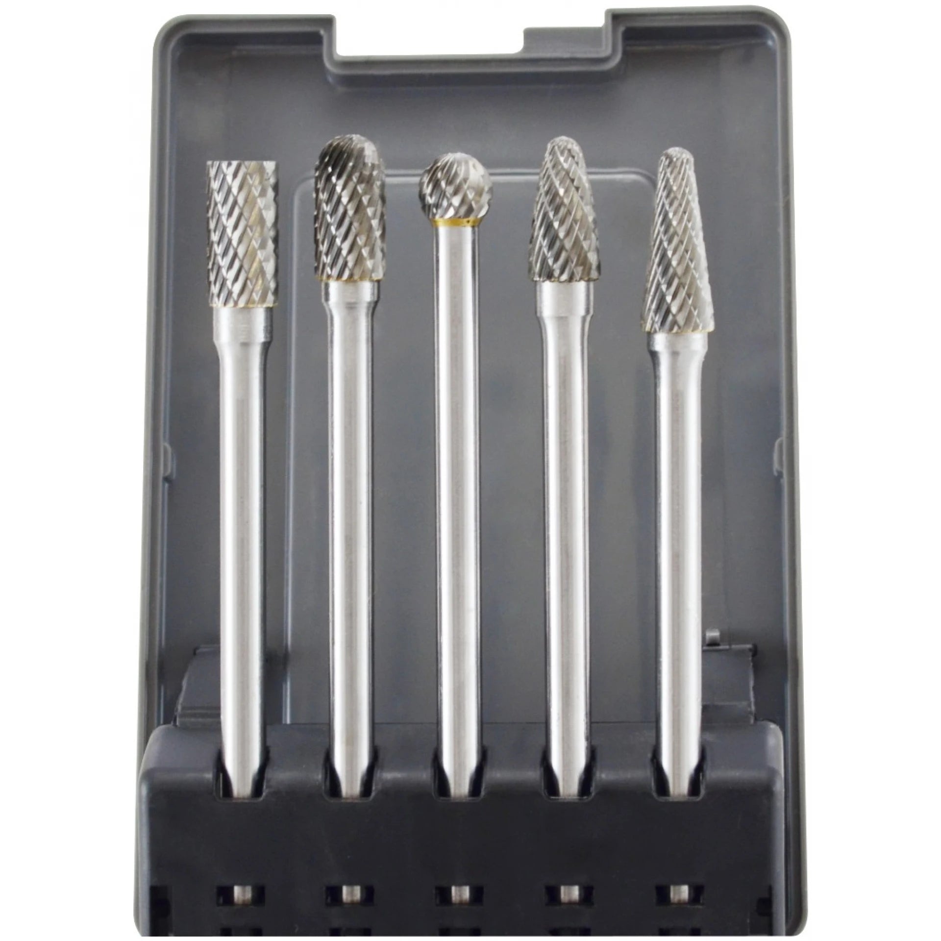 Astro Pneumatic AST-2185 carbide burr set five burrs in storage case top view