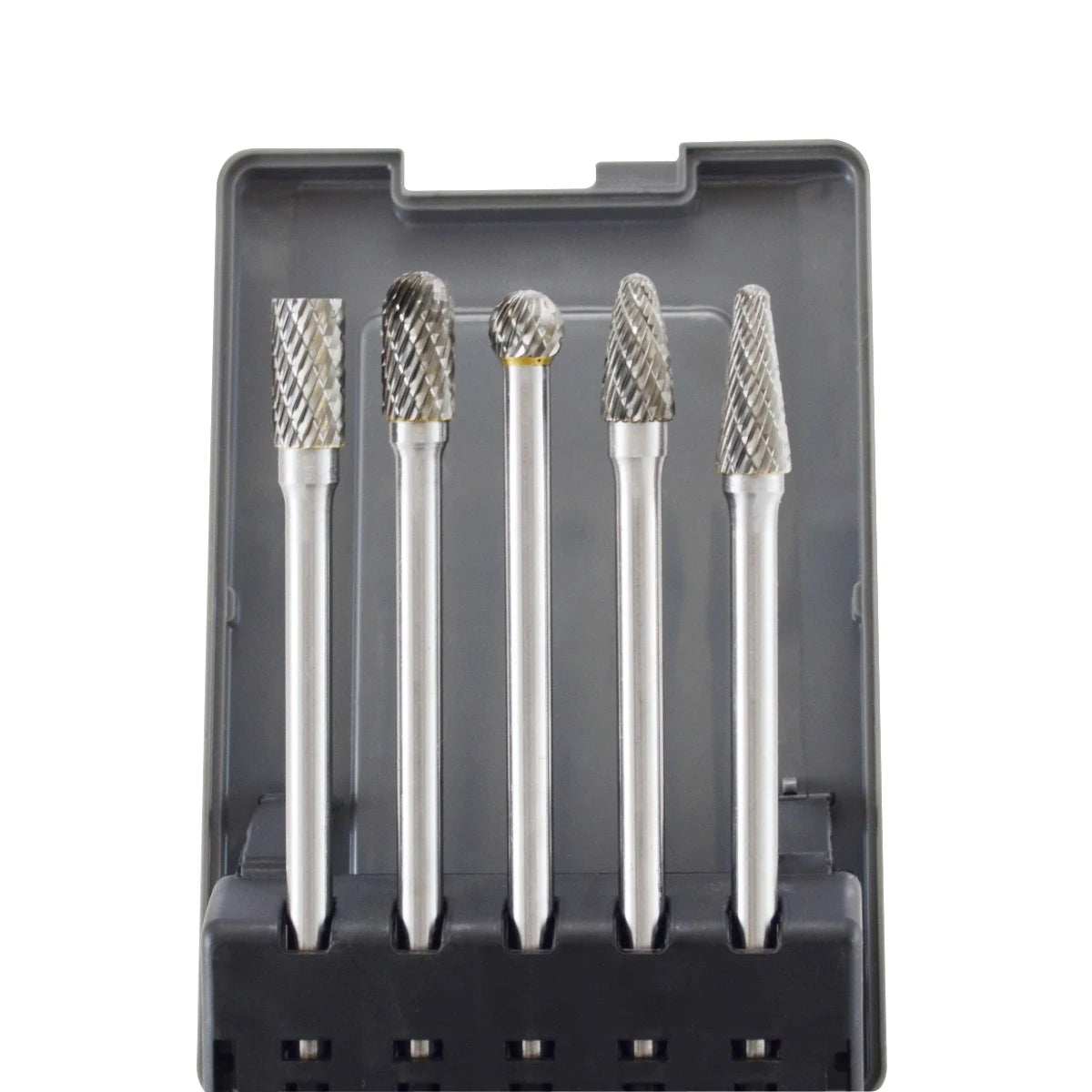 Astro Pneumatic AST-2185 5pc carbide burr set in case angled top view