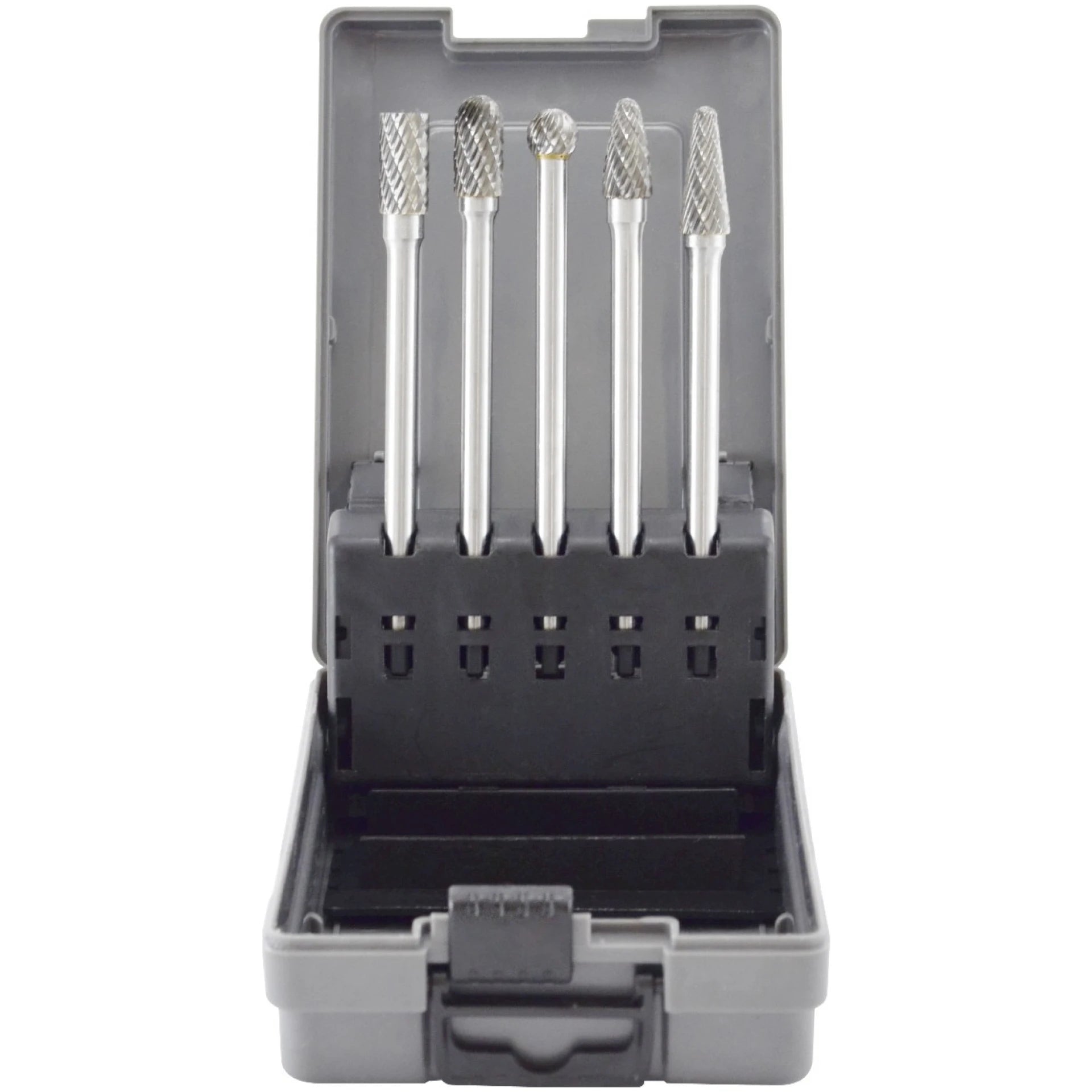 Astro Pneumatic AST-2185 5pc Long Double Cut Carbide Burr Set 4.5 inch open case front view