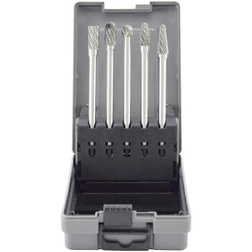 Astro Pneumatic AST-2185 5pc Long Double Cut Carbide Burr Set 4.5 inch open case front view