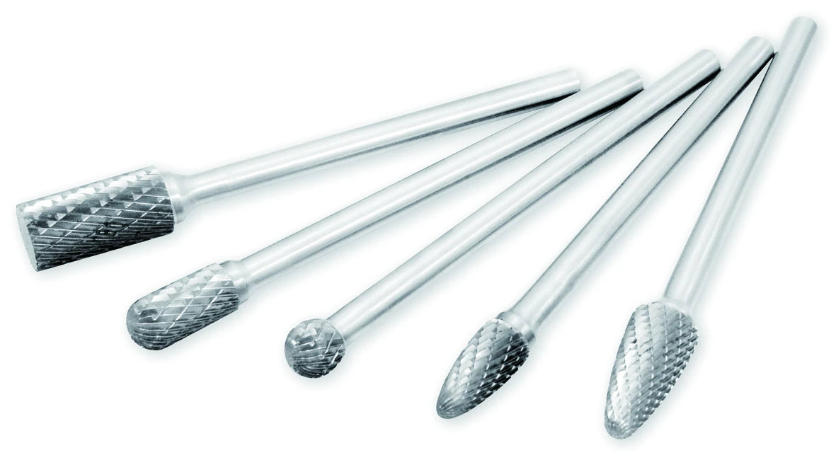 Astro Pneumatic AST-2185 5-piece carbide burr set fanned out on white background