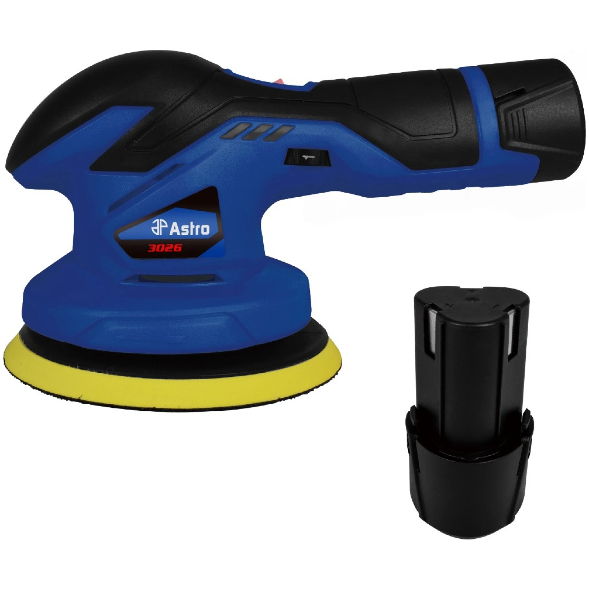 Astro Pneumatic AST-3026 12V Cordless Variable Speed Palm Polisher with 12V 2.0Ah battery - angled front view