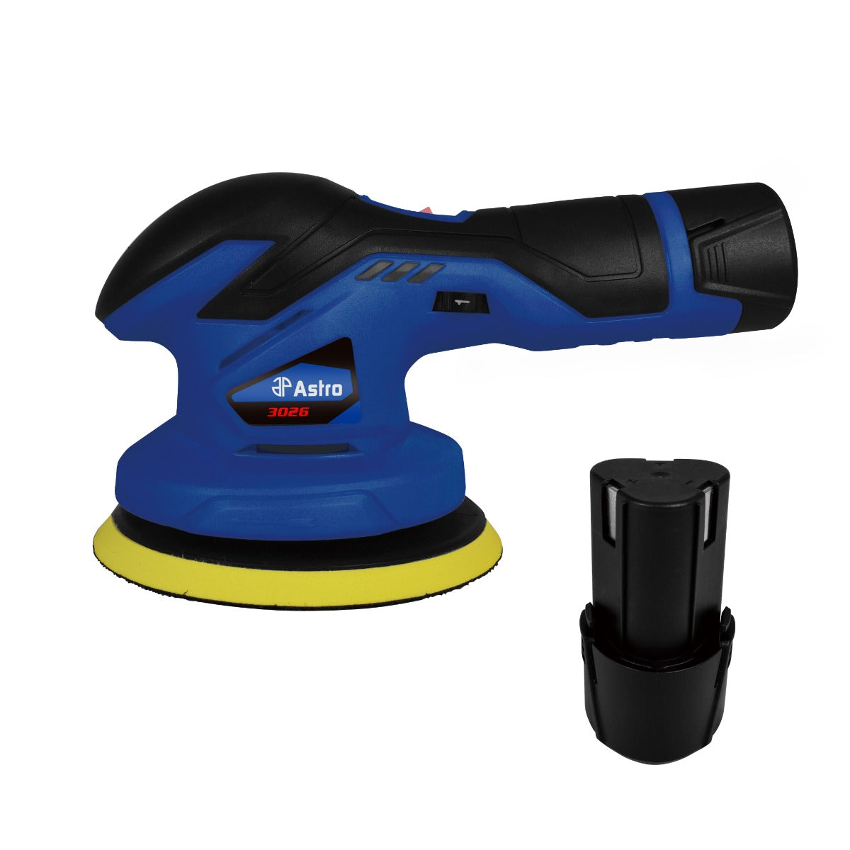 Astro Pneumatic AST-3026 12V Cordless Variable Speed Palm Polisher with 12V 2.0Ah battery - side view
