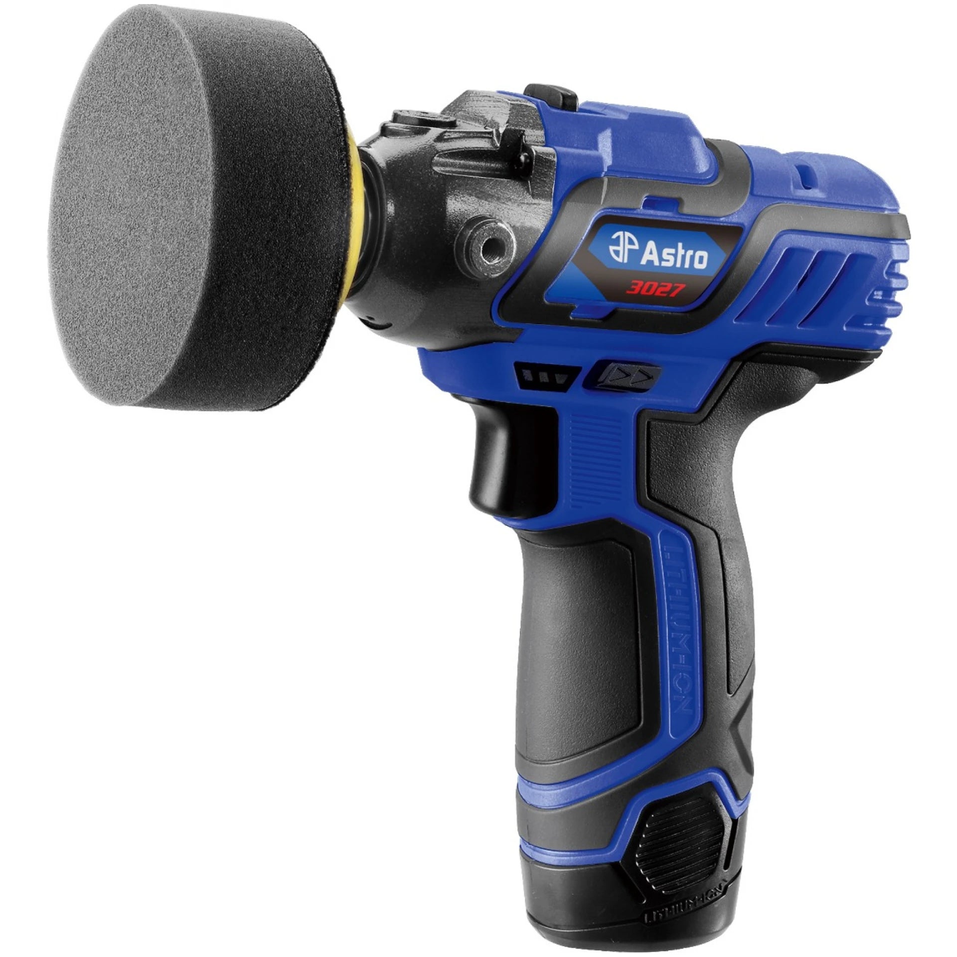 Astro Pneumatic 3027 12V 3-Inch Mini Cordless Pistol Polisher with foam pad attached, blue and black