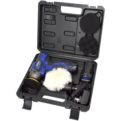 Astro Pneumatic 3027 12V 3-Inch Mini Cordless Pistol Polisher complete kit laid out in carrying case with wool pad, foam pads, batteries, and charger