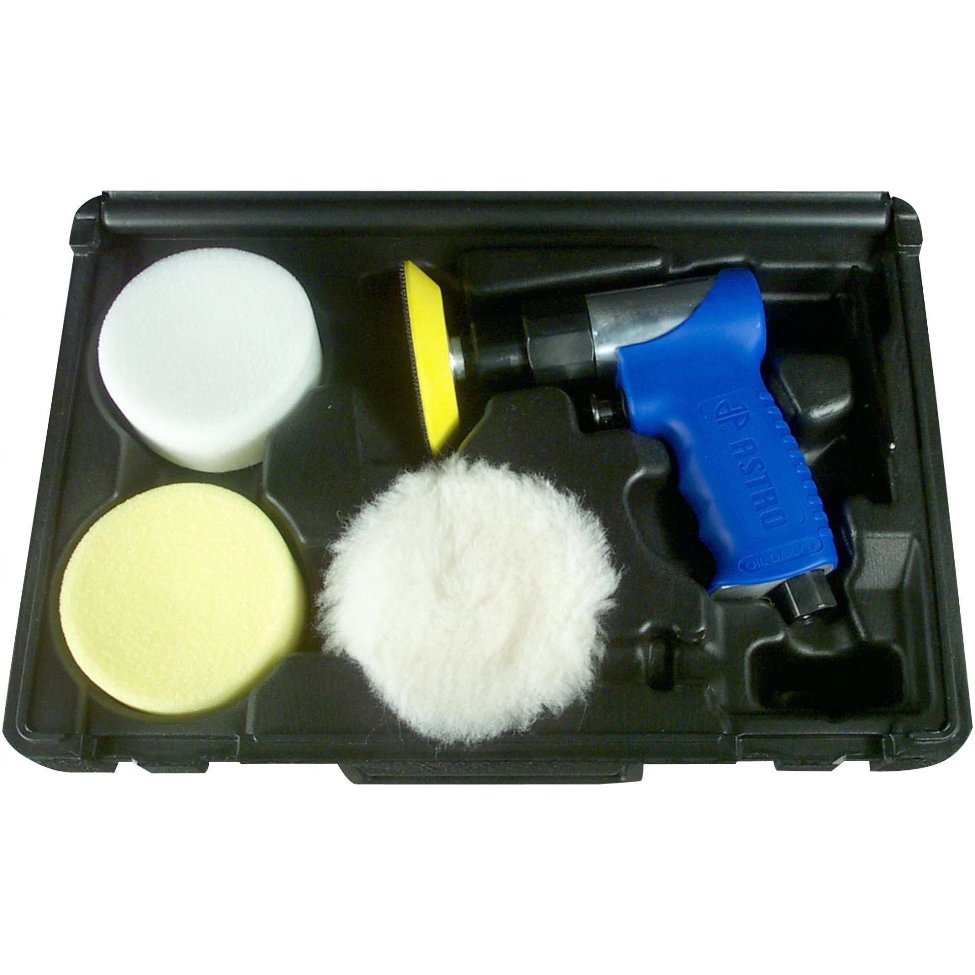 Astro Pneumatic 3055 3-Inch Mini Air Polishing Kit with polisher and pads in blow molded case