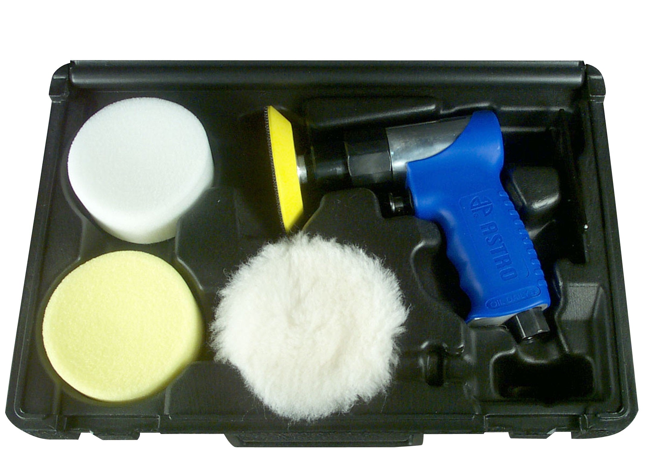 Astro Pneumatic 3055 3-Inch Mini Air Polishing Kit contents laid out in blow molded case