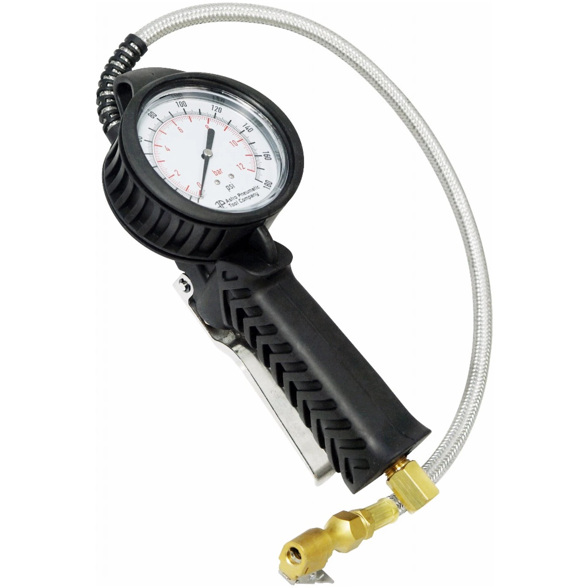 Astro Pneumatic AST-3081 Dial Gauge Tire Inflator with 21-inch braided hose and brass chuck on white background