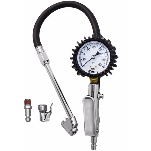 Astro Pneumatic 3083 2.5" Dial Tire Inflator complete kit with locking chuck, dual chuck, and M & T style air fittings on white background