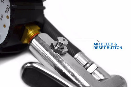 Close-up of air bleed and reset button on Astro Pneumatic 3083 Tire Inflator