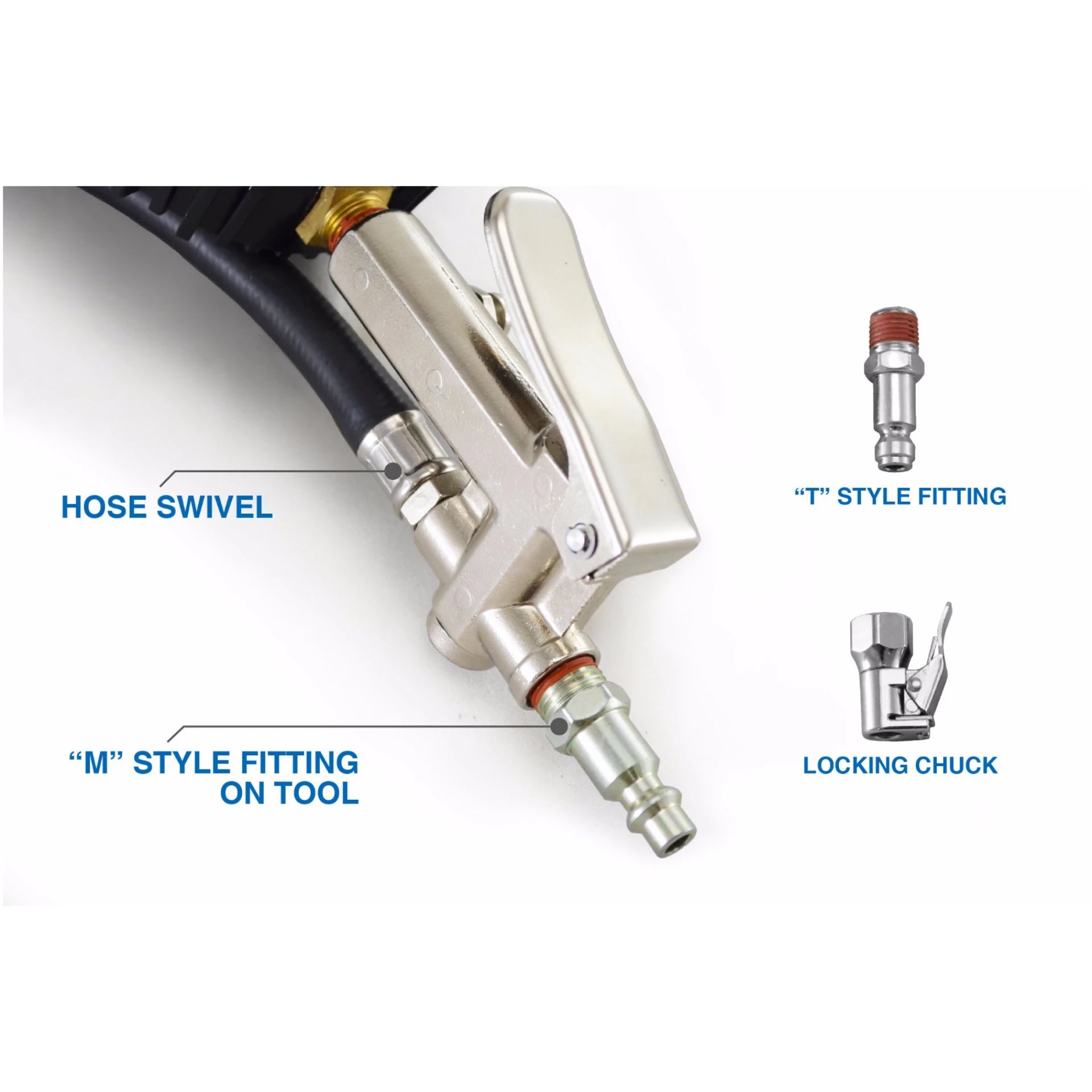 Astro Pneumatic 3083 Tire Inflator showing hose swivel, M style fitting on tool, T style fitting, and locking chuck with callout labels