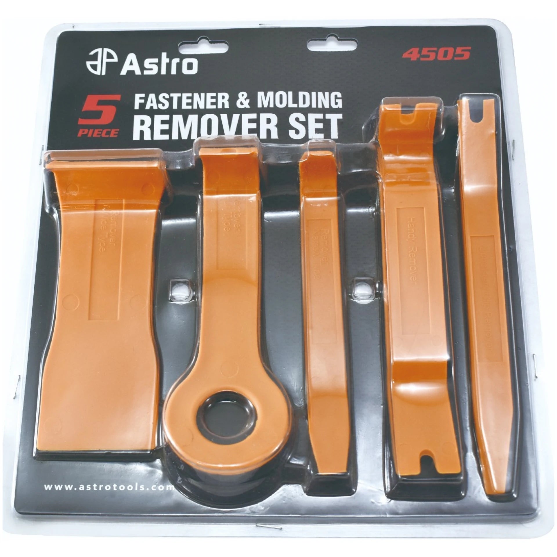 Astro Pneumatic 4505 5-Piece Fastener and Molding Remover Set in retail blister packaging - front view