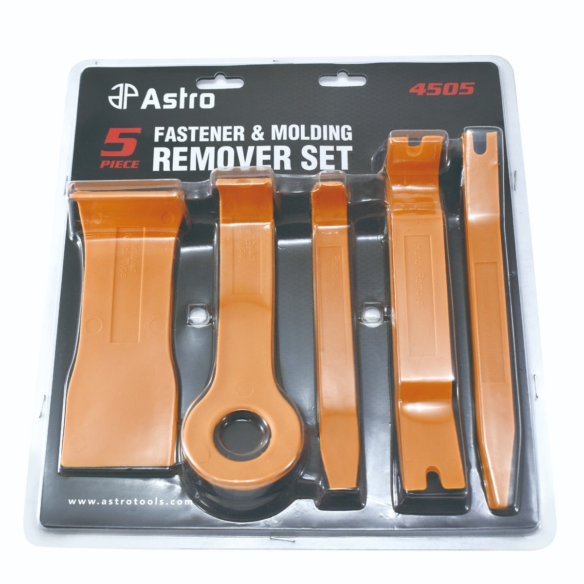 Astro Pneumatic 4505 5-Piece Fastener and Molding Remover Set in retail blister packaging - alternate angle