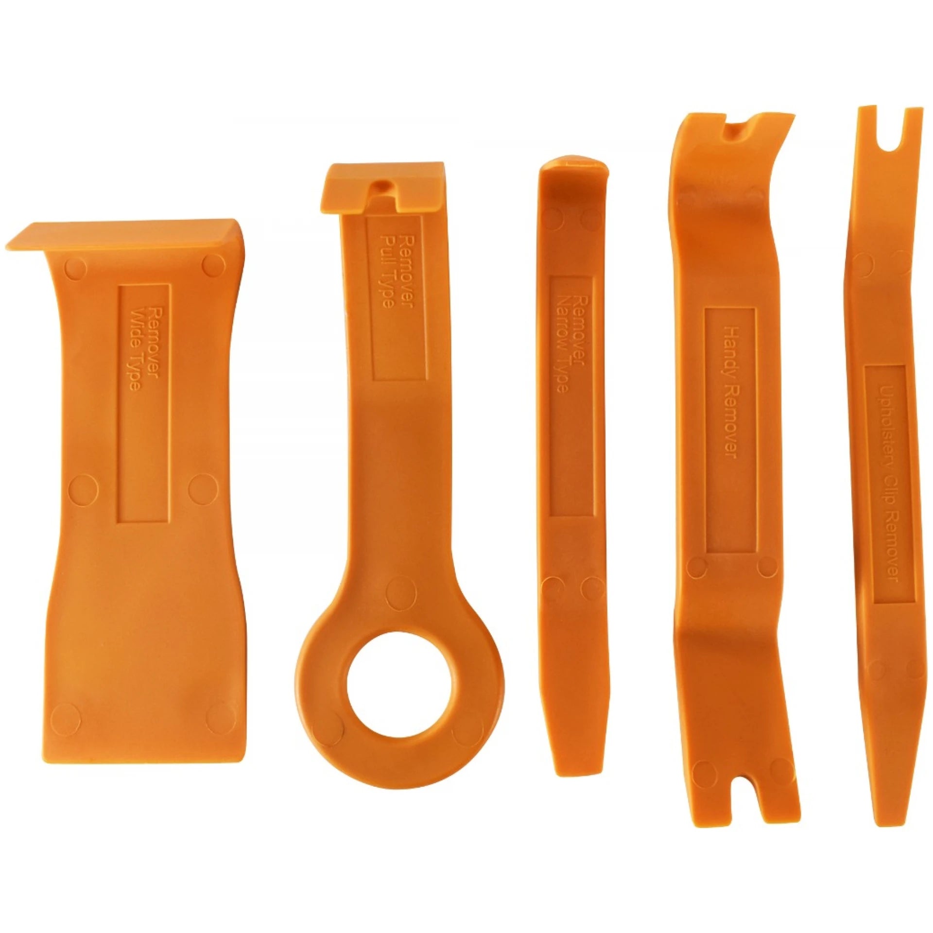 Astro Pneumatic 4505 5-Piece Fastener and Molding Remover Set - 5 orange plastic tools displayed on white background