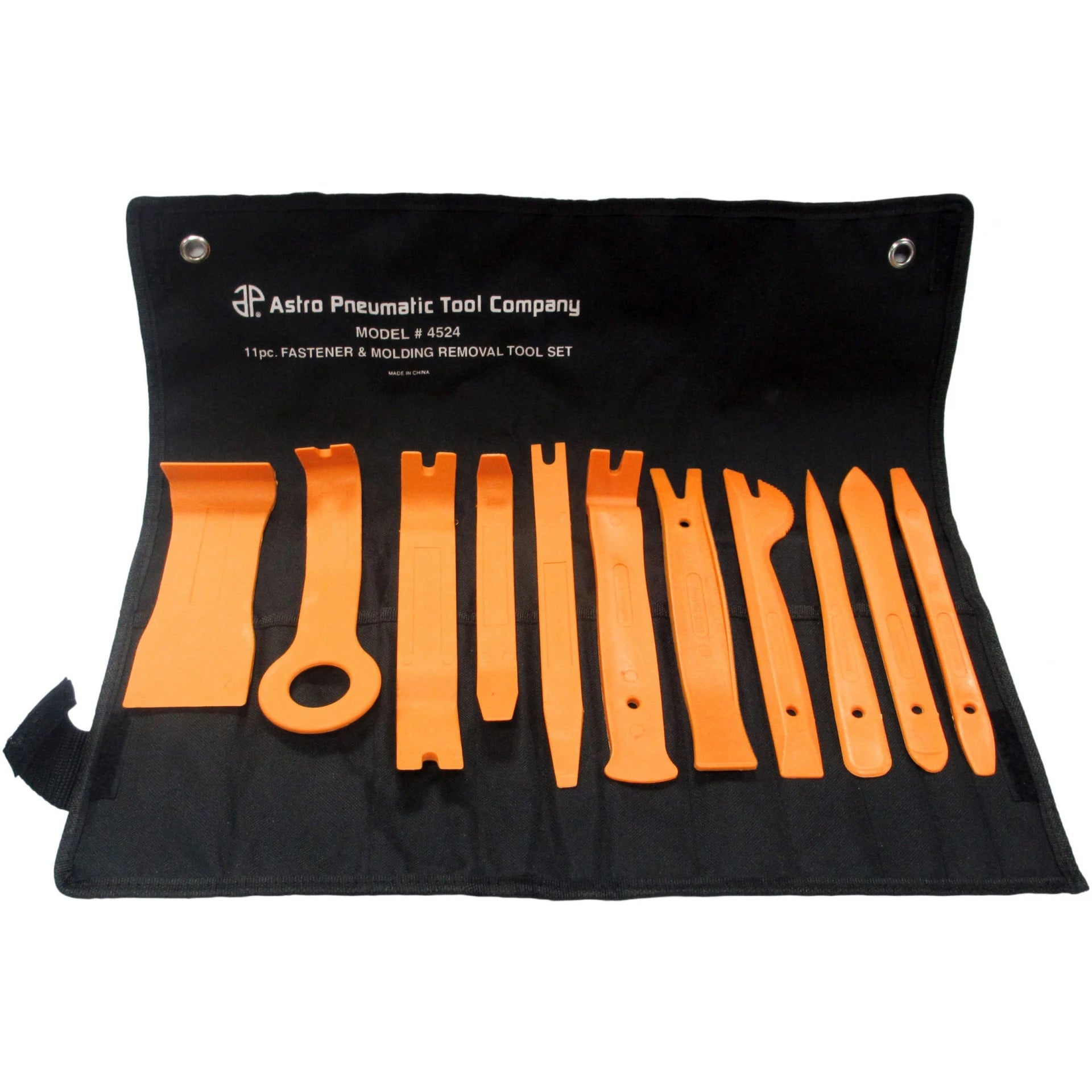 Astro Pneumatic 4524 11-Piece Auto Fastener and Molding Removal Tool Set laid out in black roll-up carrying pouch