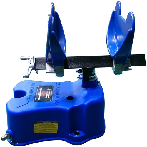 Astro Pneumatic AST-4550A Air Operated Paint Shaker - angled view showing blue housing and adjustable rubber coated clamps