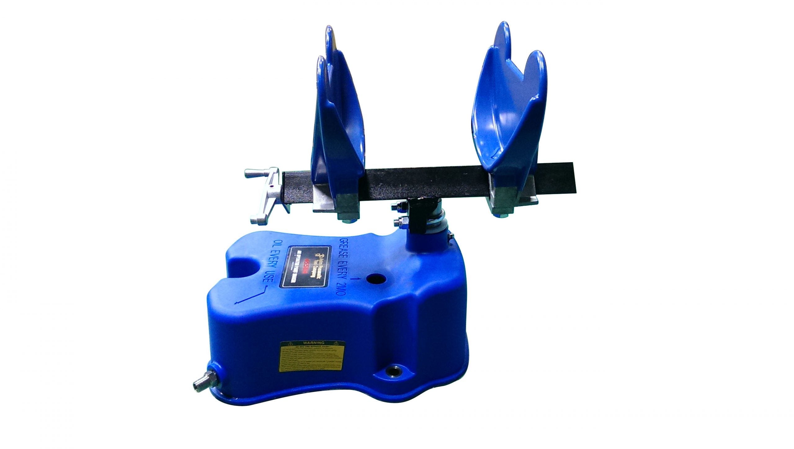 Astro Pneumatic AST-4550A Air Operated Paint Shaker - side view showing clamp mechanism and blue body