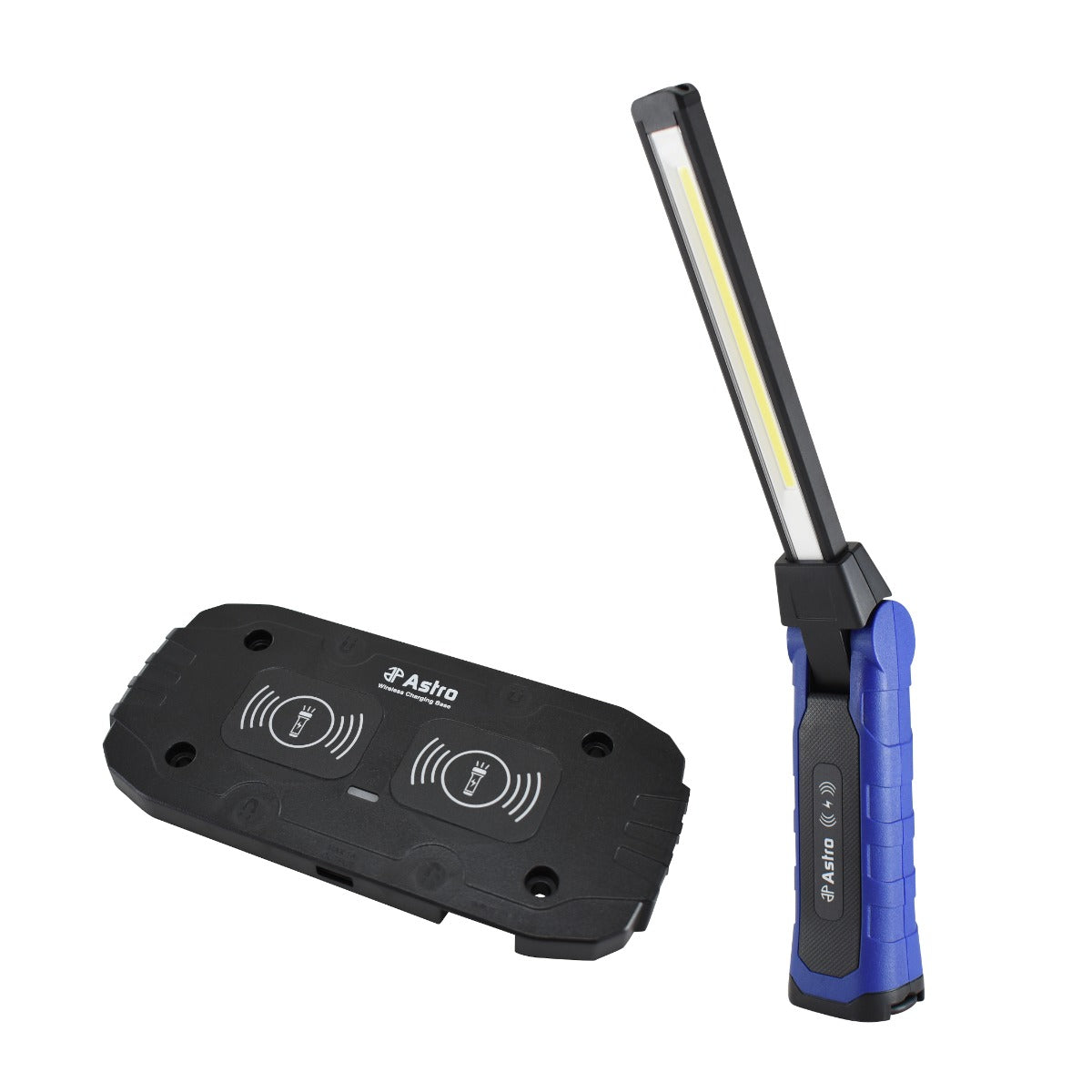 Astro Pneumatic 52SL LED Slim Light with Astro dual wireless charging base side by side on white background