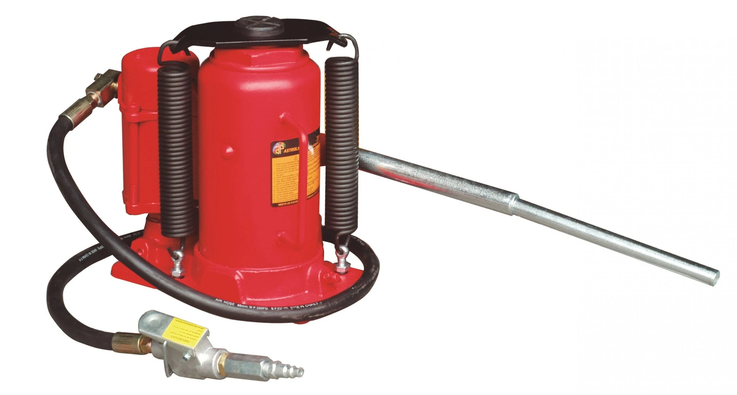 Astro Pneumatic AST-5302A 20 Ton Air/Manual Bottle Jack full product view with air hose and handle