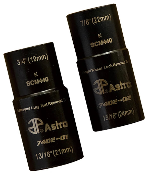 Astro Pneumatic 7402-01 Damaged Lug Nut Removal and 7402-02 Damaged Wheel Lock Removal double-end twist sockets in black SCM440 steel
