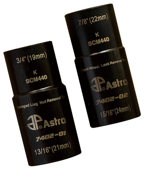Astro Pneumatic 7402-01 Damaged Lug Nut Removal and 7402-02 Damaged Wheel Lock Removal double-end twist sockets in black SCM440 steel