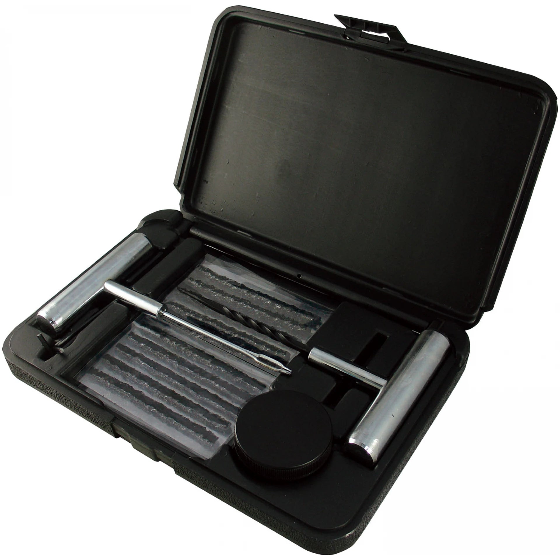 Astro Pneumatic 7445 45Pc Tire Repair Tool Kit open in black blow molded case showing T-handle tools, spiral probe, repair strings, and lubricant