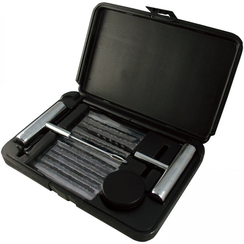 Astro Pneumatic 7445 45Pc Tire Repair Tool Kit open in black blow molded case showing T-handle tools, spiral probe, repair strings, and lubricant