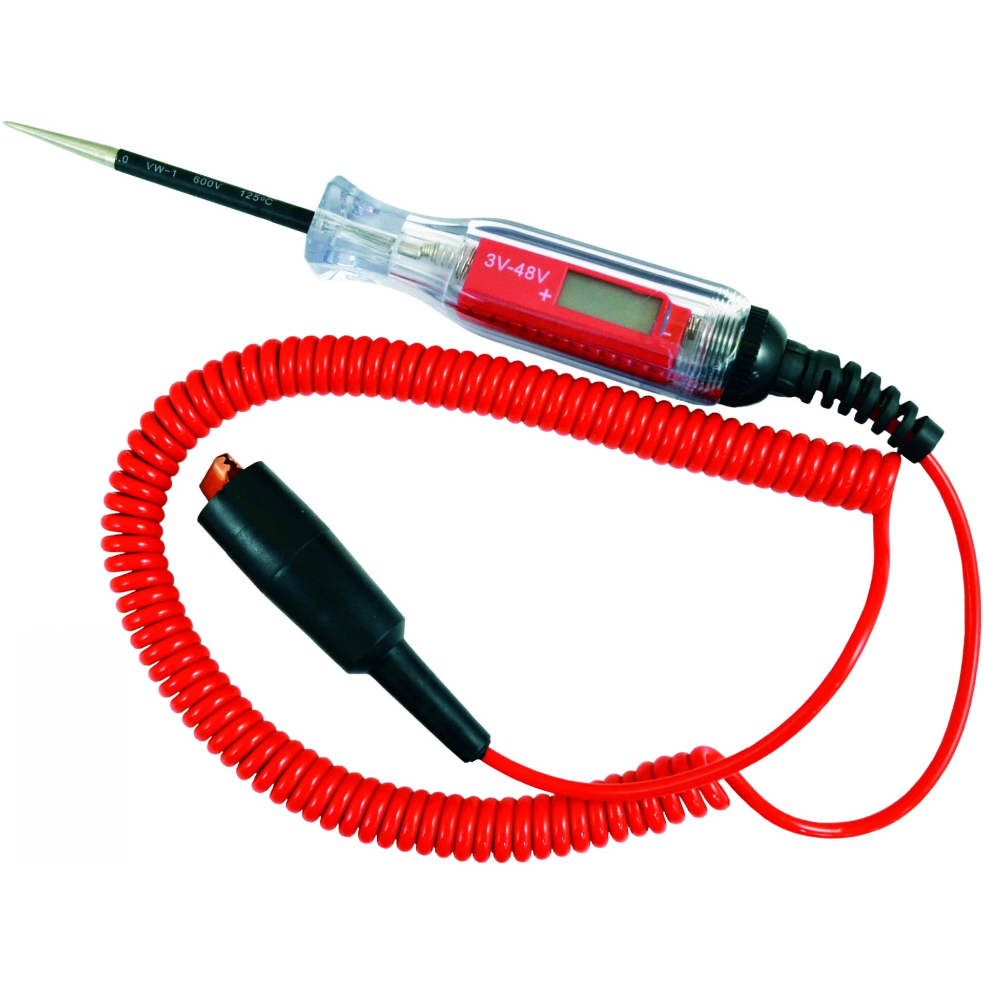 Astro Pneumatic AST-7764 Digital LCD 3-48V Wide Range Circuit Tester with red coiled cable and needle probe