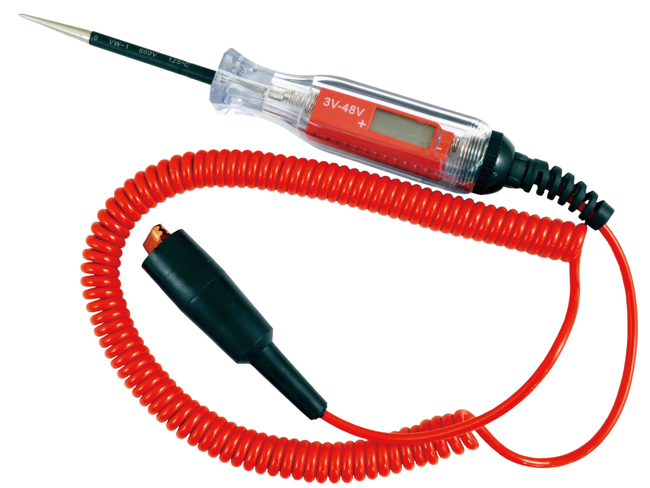 Astro Pneumatic AST-7764 Digital LCD 3-48V Wide Range Circuit Tester product view with coiled ground cable