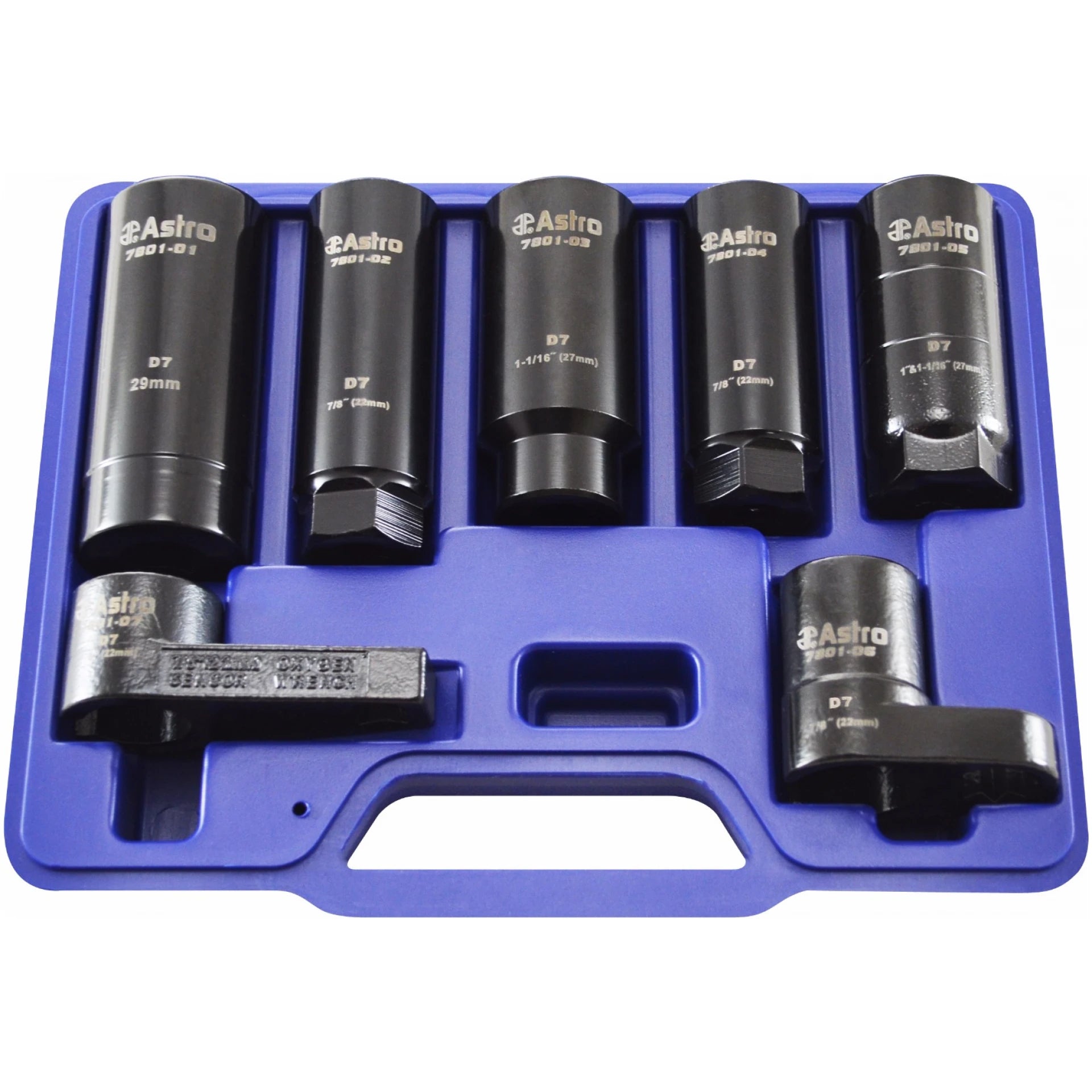 Astro Pneumatic AST-7801 7-Piece Sensor and Sending Unit Socket Set displayed in blue storage case
