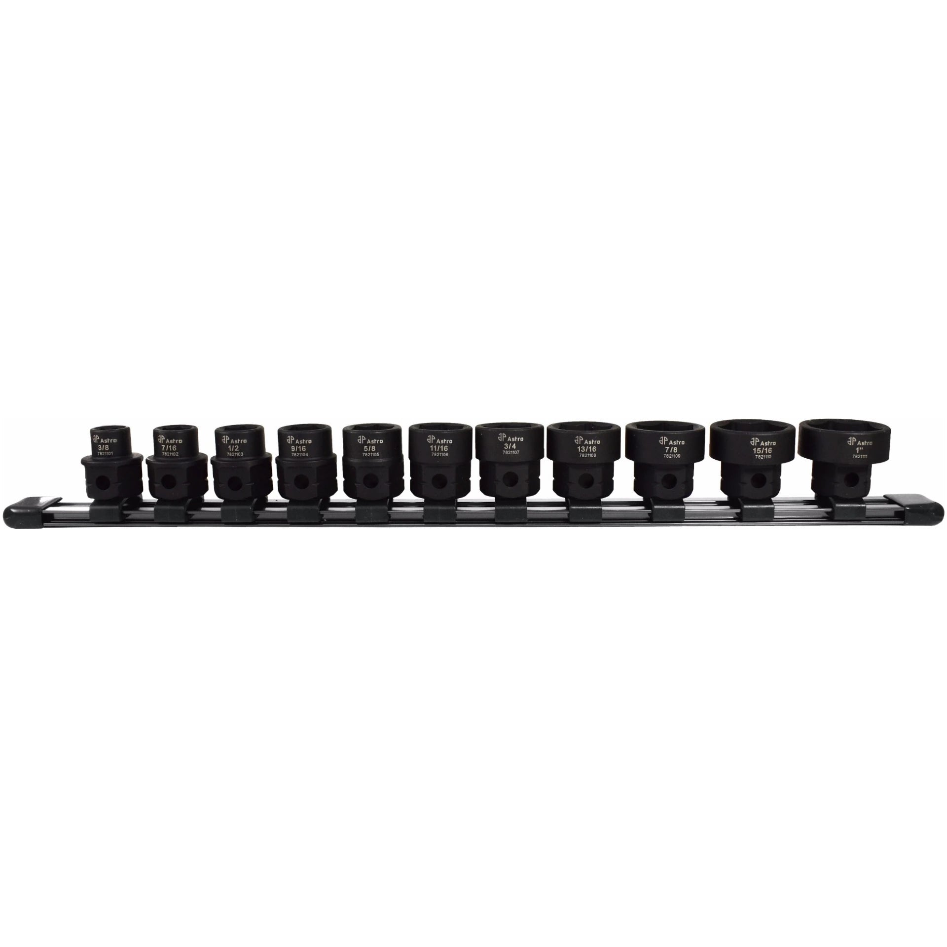 Astro Pneumatic 78211 11pc 1/2 Inch Drive Nano Impact Sockets SAE set on rail, sizes 3/8 to 1 inch