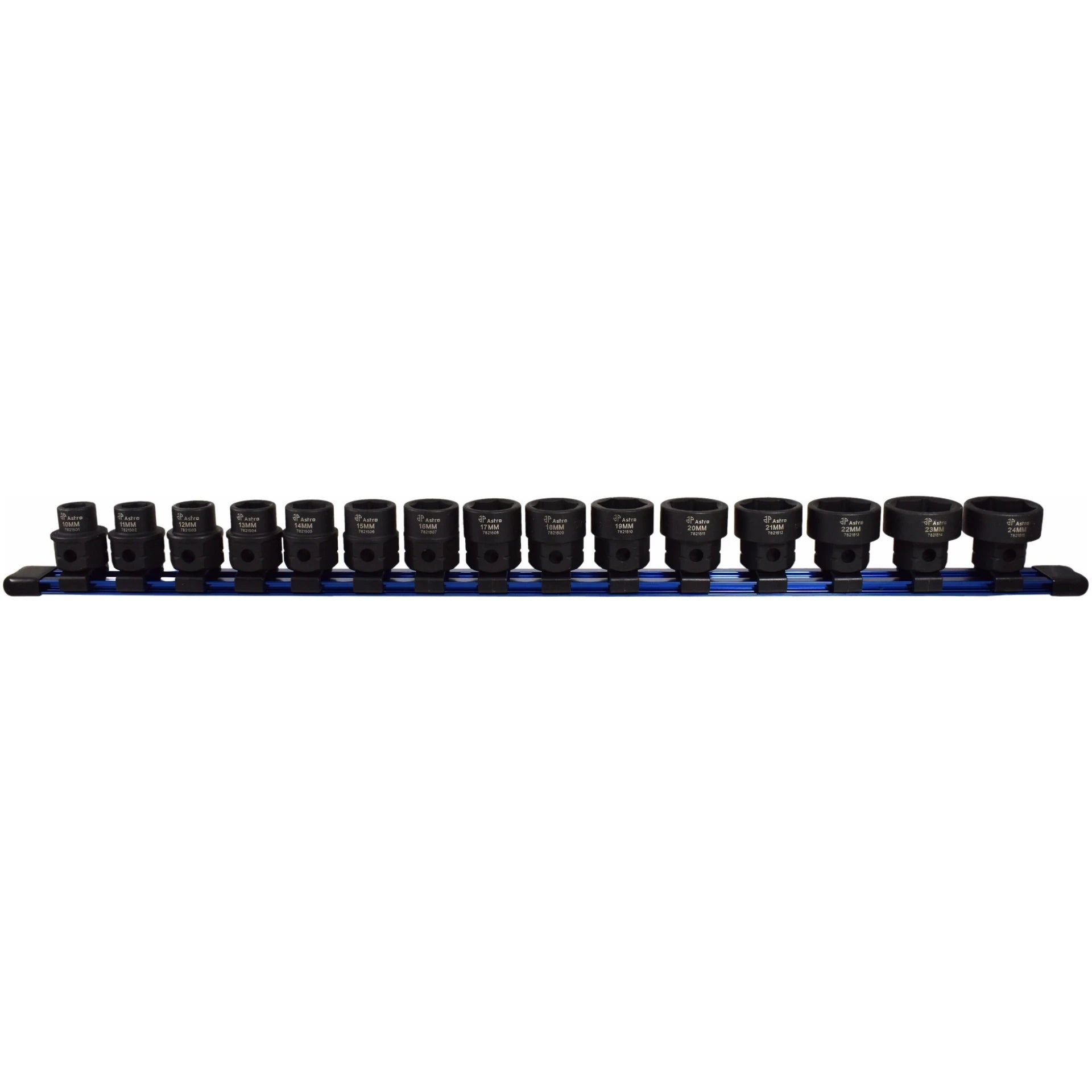Astro Pneumatic 78215 15pc 1/2-Inch Drive Nano Impact Socket Set Metric 10mm-24mm on blue rail organizer