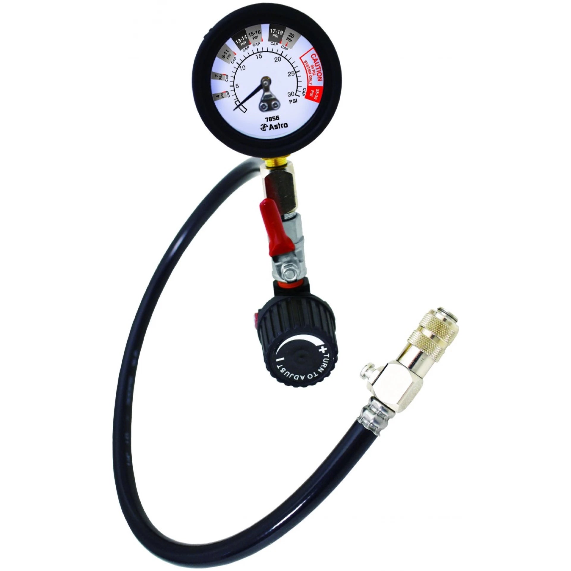 Astro Pneumatic 7856 Universal Air Powered Cooling System Pressure Tester - front view with gauge and hose