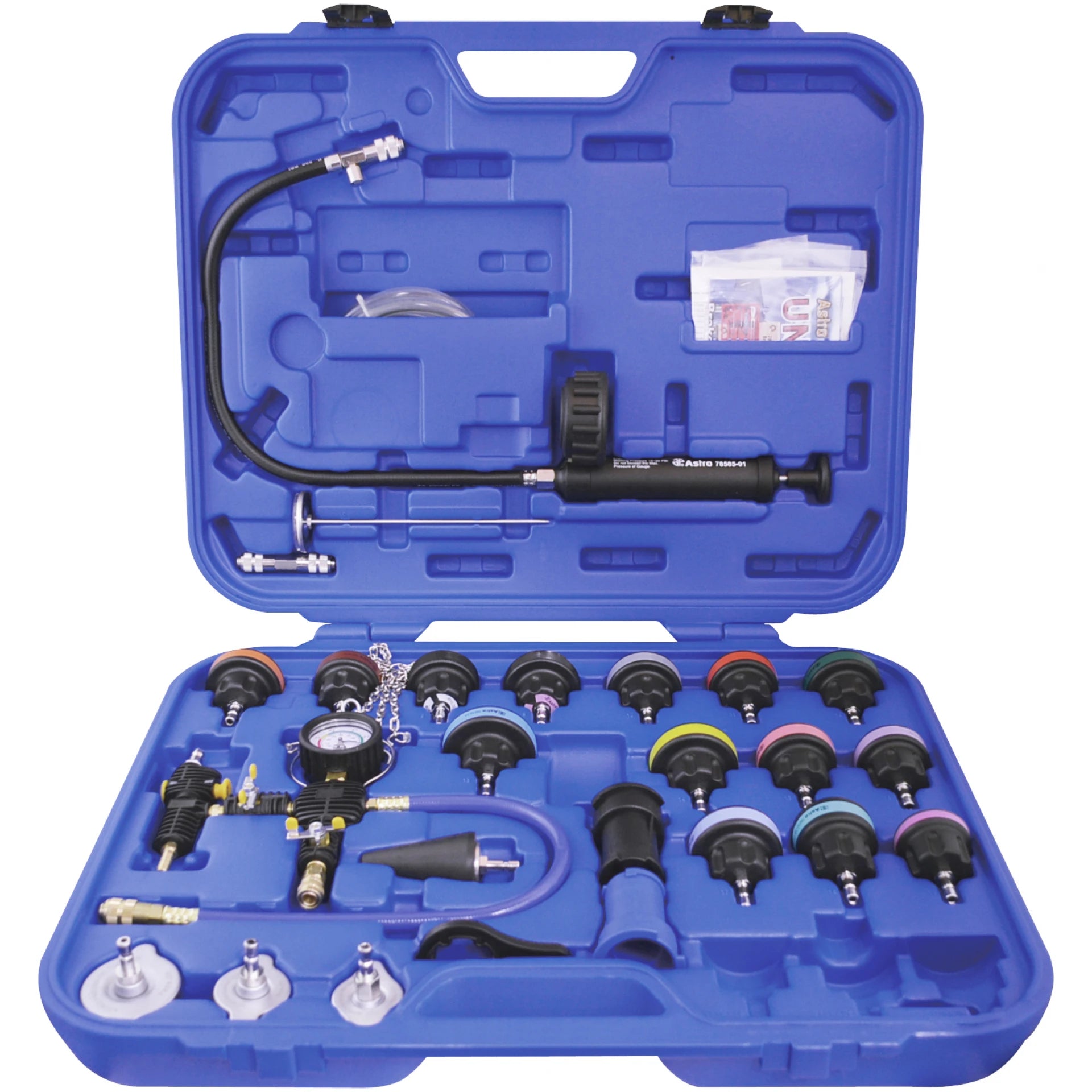 Astro Pneumatic 78585 Universal Radiator Pressure Tester & Vacuum Type Cooling System Kit displayed in open blue blow-molded case with color-coded caps, gauge, and purge-refill tool