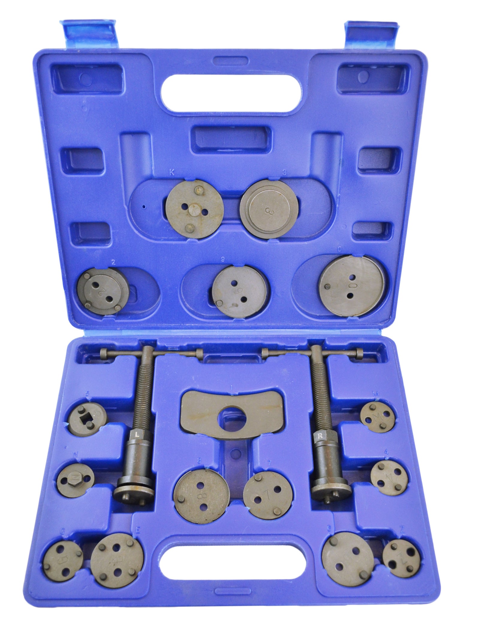 Astro Pneumatic AST-78618 18pc Brake Caliper Wind Back Tool Set organized in blue carrying case