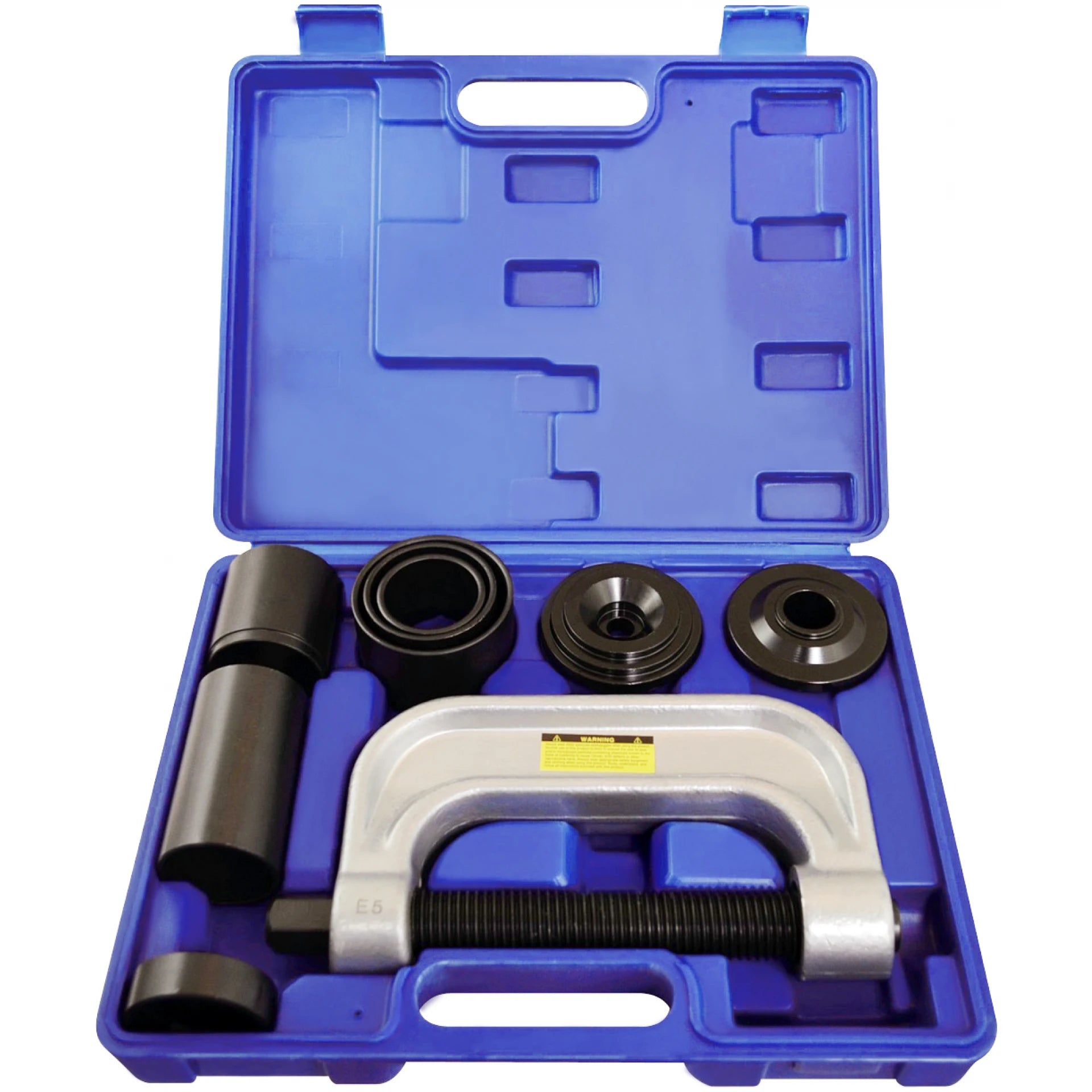 Astro Pneumatic 7865 Ball Joint Service Tool set in blue blow-molded carrying case with C-frame press and adapters