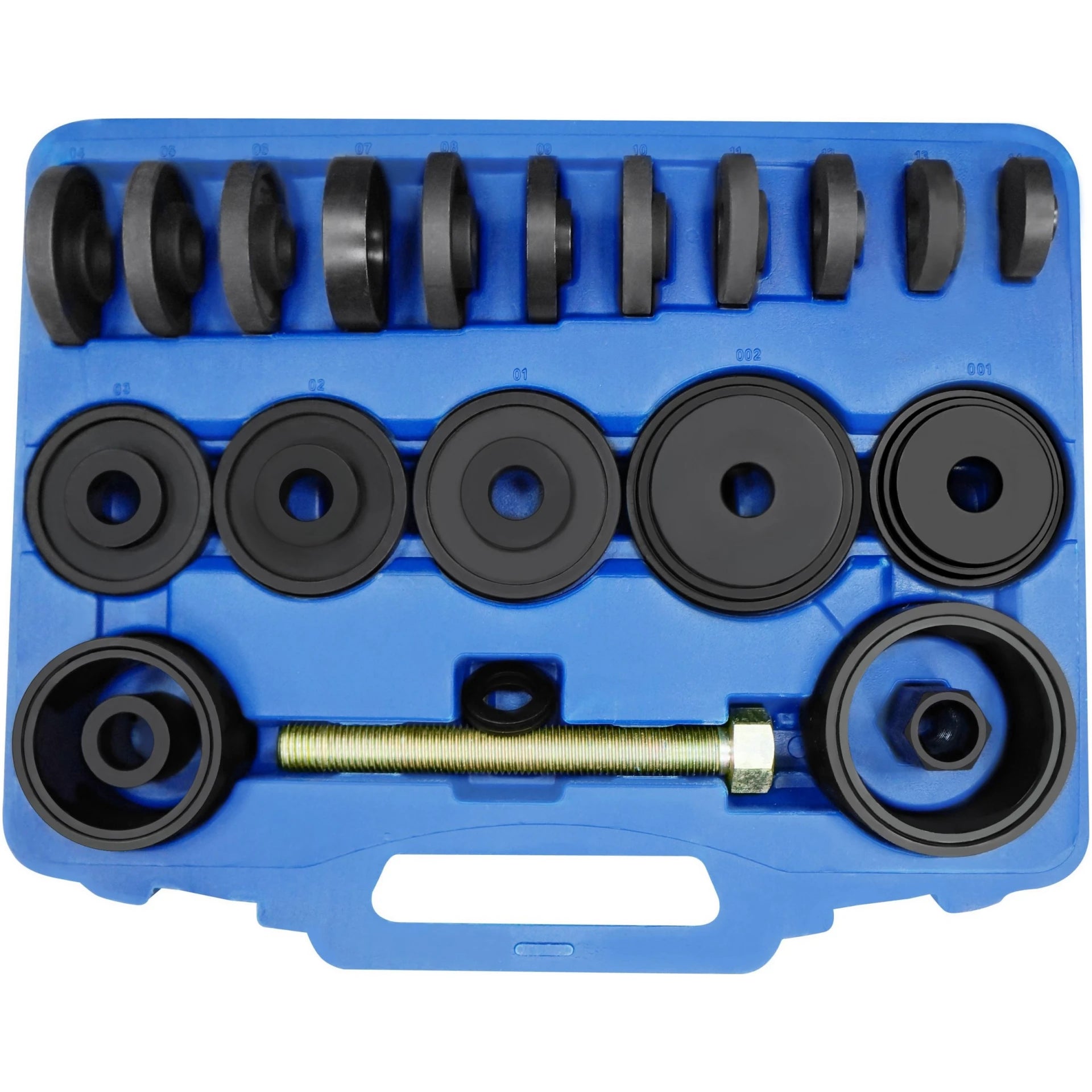Astro Pneumatic 78825 25pc Master Front Wheel Drive Bearing Adapter Kit in blue carry case, top-down view