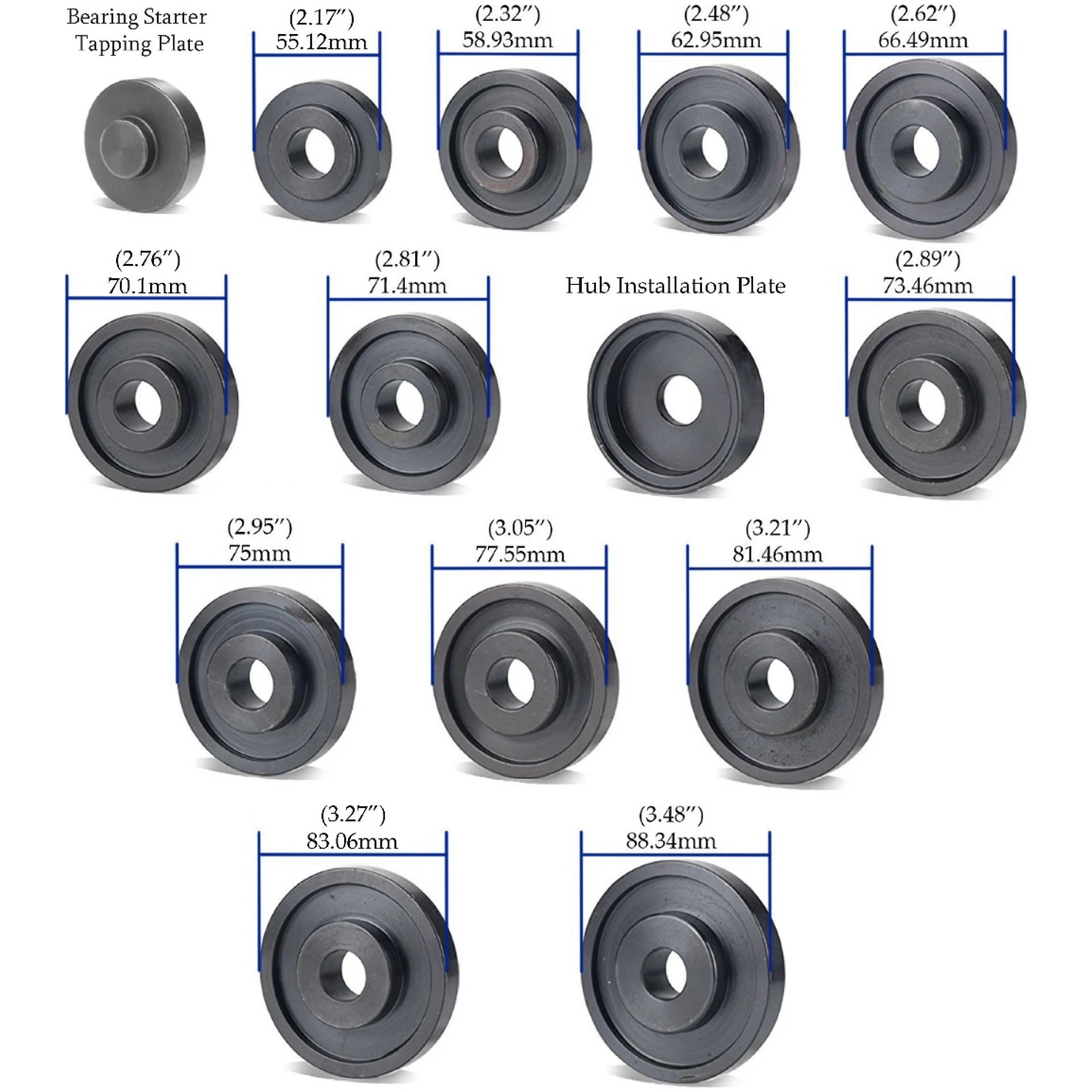 Astro Pneumatic 78825 bearing adapter and tapping plate size diagram with inch and mm measurements