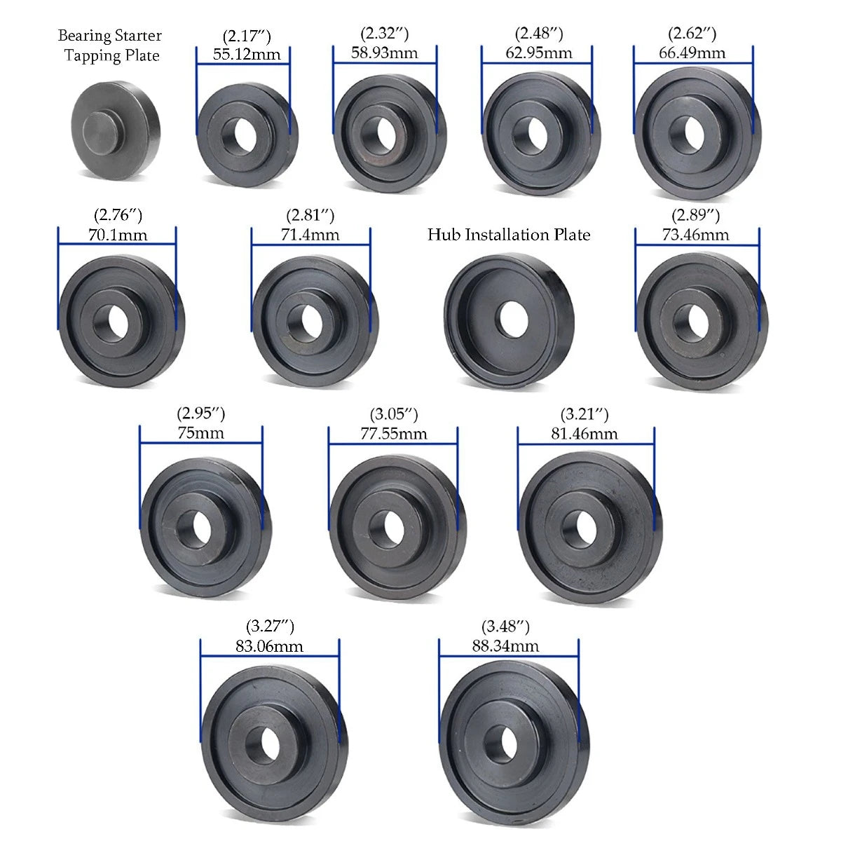 Astro Pneumatic 78825 bearing adapter and tapping plate size diagram with inch and mm measurements