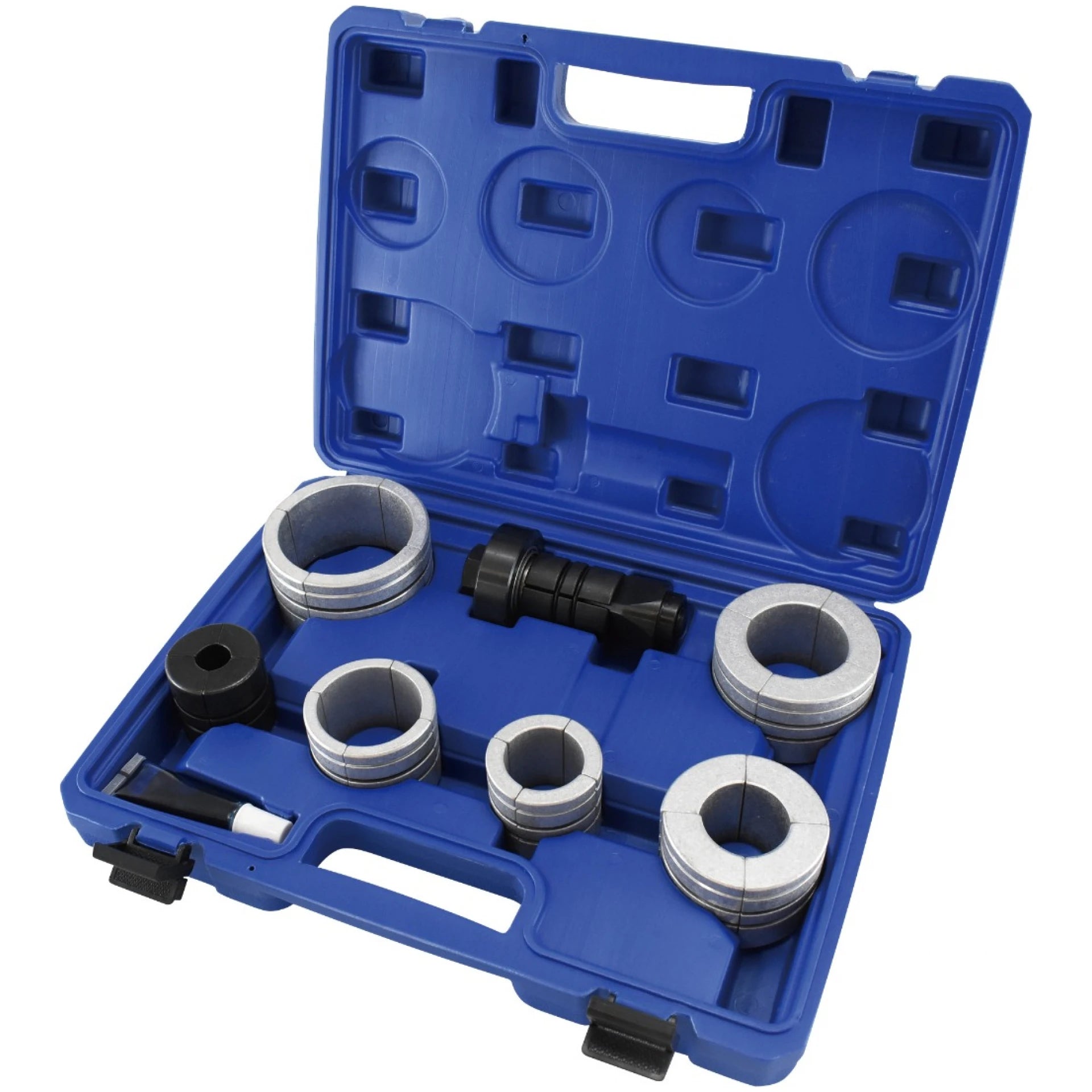 Astro Pneumatic 78835 Exhaust Pipe Stretcher Kit in open blue carrying case with collets and drive tool